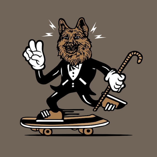 Skateboarding German Shepherd Dog in Tuxedo Mascot Character Design Hand Drawing Vector