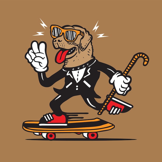 Skateboarding Labrador Retriever Dog in Tuxedo Mascot Character Design