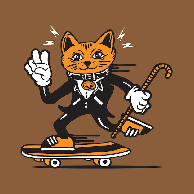 Skateboarding Pussy Cat in Tuxedo Mascot Character Design