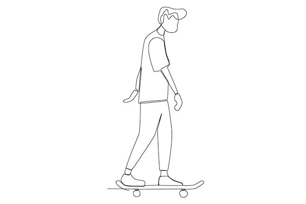 A skater boy practising basic skateboard movement in the skatepark one line art