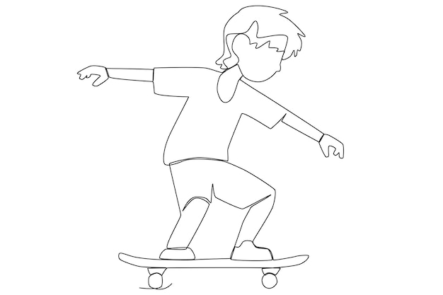 A skater boy practising skateboarding in the street one line art