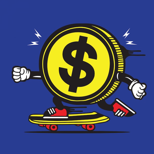 Skater Skateboard Dollar Coin Character Design