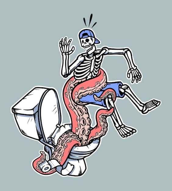 skeleton attacked by toilet monster illustration