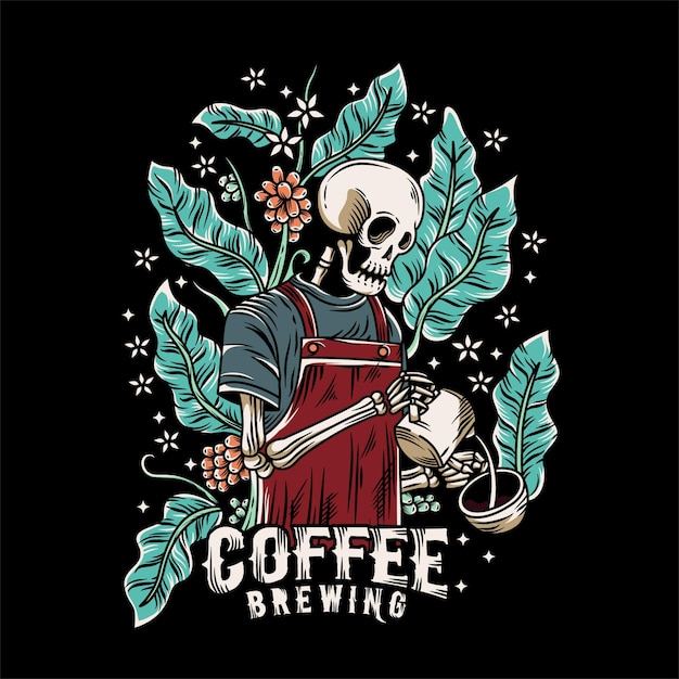 skeleton barista illustration with hand drawn style