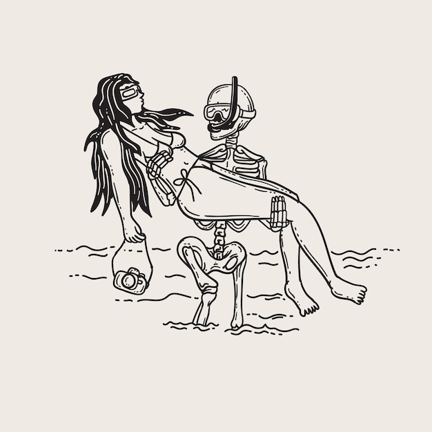 A skeleton and a girl on a beach Summer vibes Outline illustration