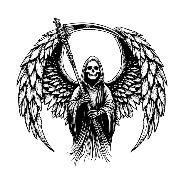 skeleton grim reaper with scythe black and white vector illustration