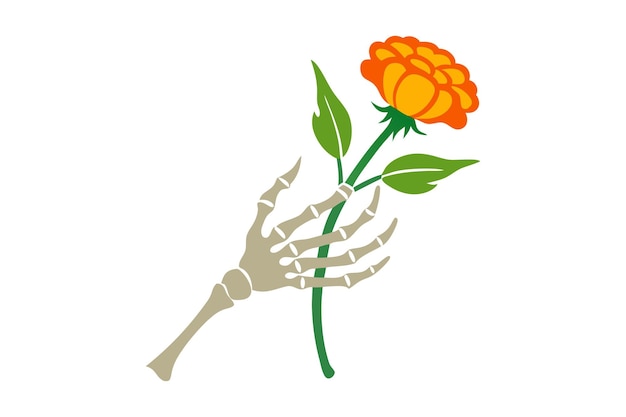 Vector skeleton hand holding a marigold flower symbol of day of the dead celebration