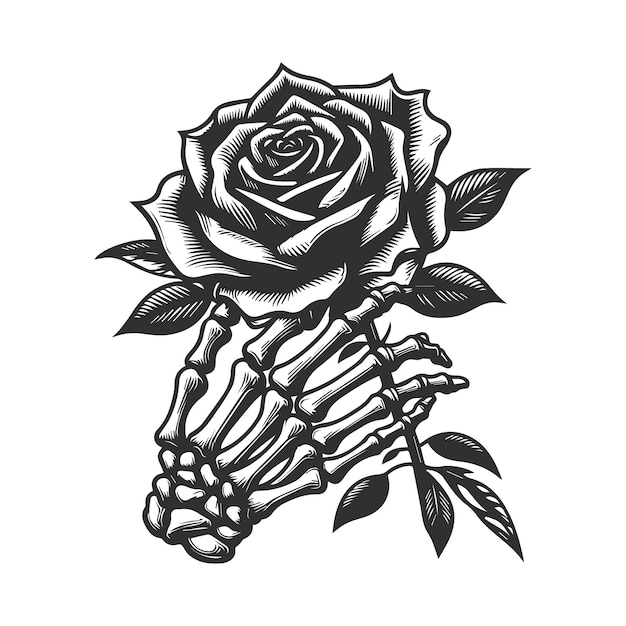 Skeleton hand holding rose flower