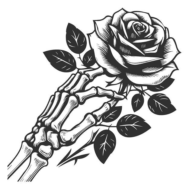 Skeleton hand holding rose flower