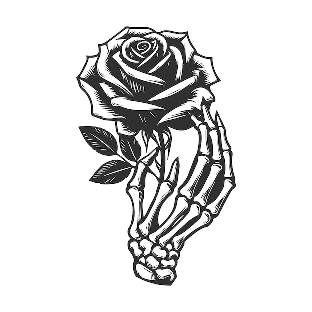 Skeleton hand holding rose flower