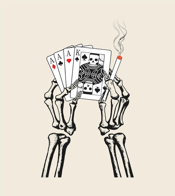 Vector skeleton hands holding playing cards and a cigarette in a vintage illustration