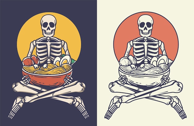 skeleton holding ramen illustration in colors and black white