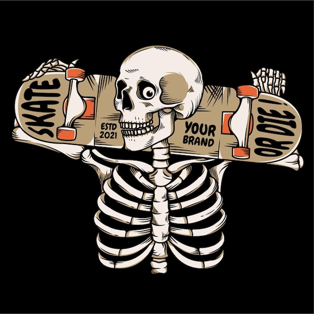 skeleton illustration holding a skateboard