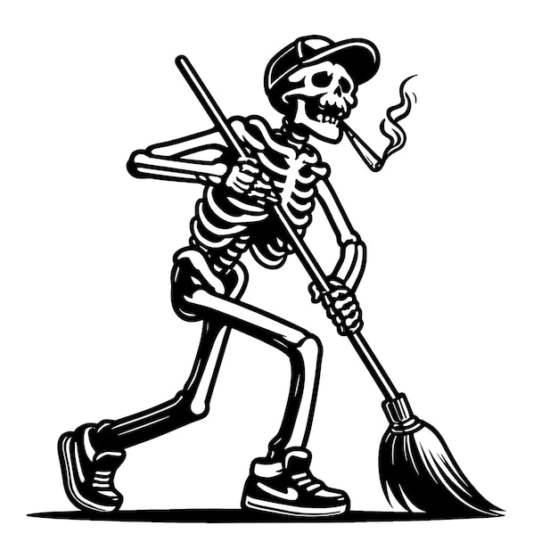 Vector skeleton janitor vector illustration skeleton with a broom