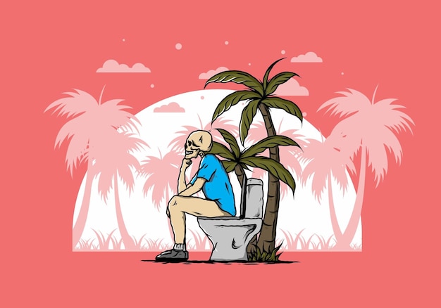 Skeleton man sit on outdoor toilet illustration