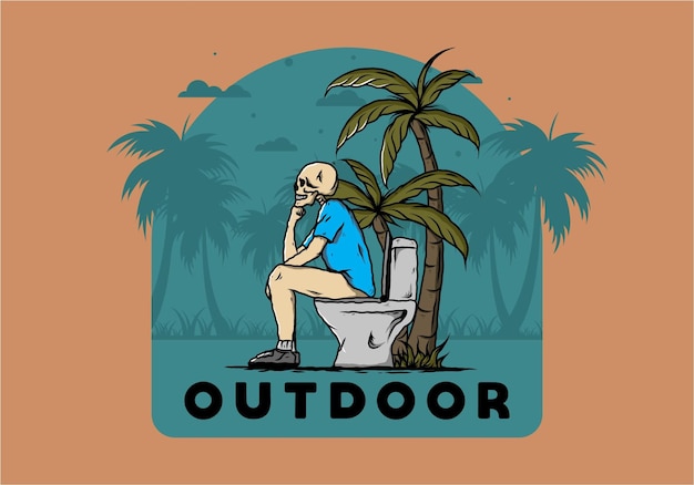 Skeleton man sit on outdoor toilet illustration