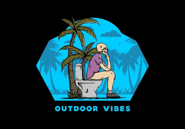 Skeleton man sit on outdoor toilet illustration