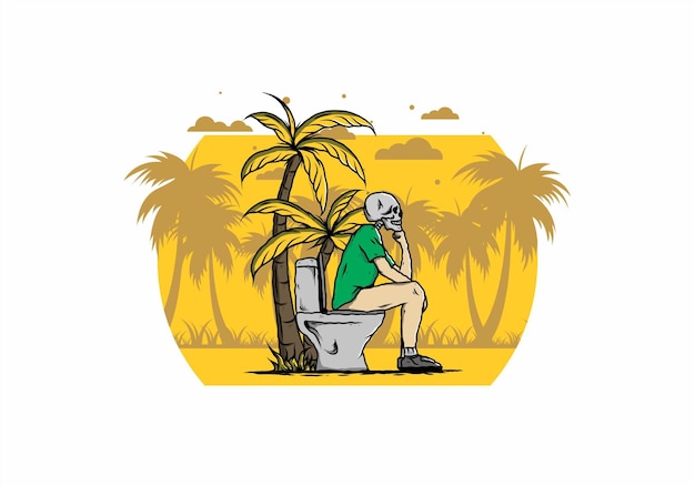 Skeleton man sit on outdoor toilet illustration