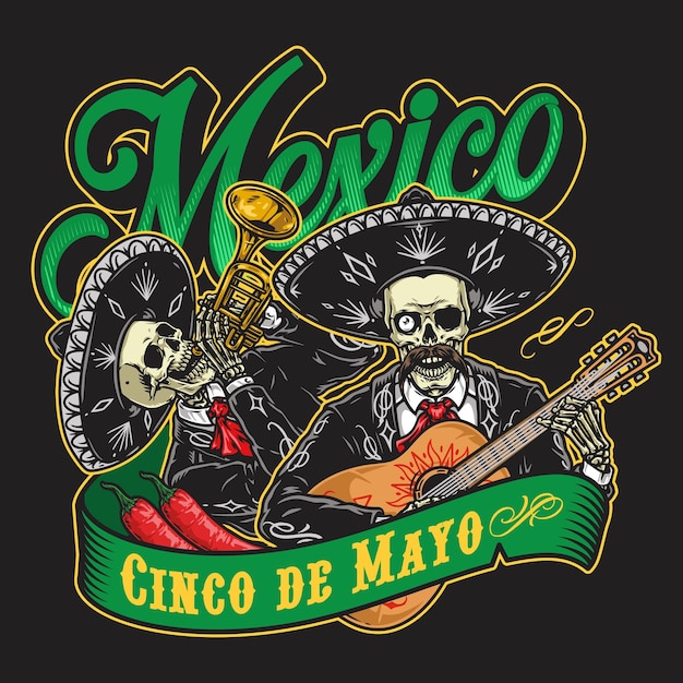 Skeleton mariachi musicians vintage emblem