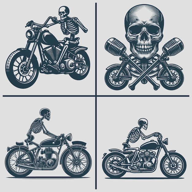 Skeleton motorcycle vector silhouette Svg Bundle file skeleton riding burning motorcycle