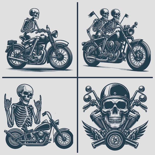 Skeleton motorcycle vector silhouette Svg Bundle file skeleton riding burning motorcycle