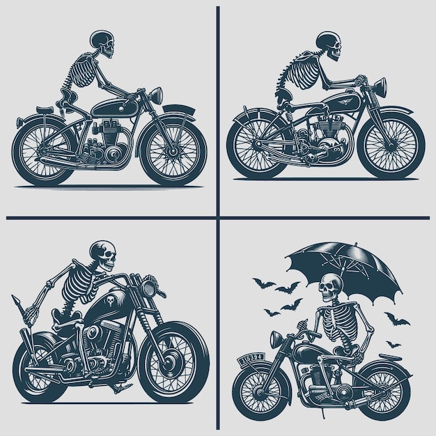 Skeleton motorcycle vector silhouette Svg Bundle file skeleton riding burning motorcycle