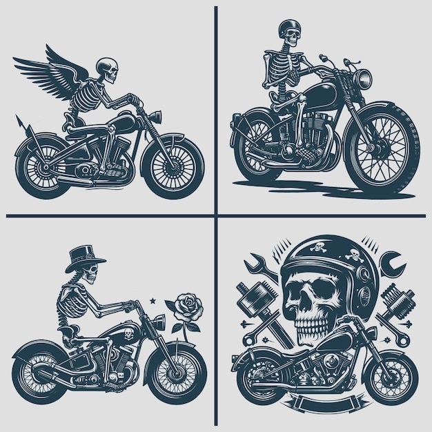 Skeleton motorcycle vector silhouette Svg Bundle file skeleton riding burning motorcycle