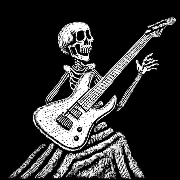 skeleton playing electric guitar vector illustration engraving