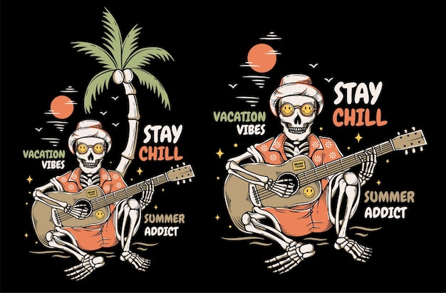 Skeleton playing guitar at the summer beach