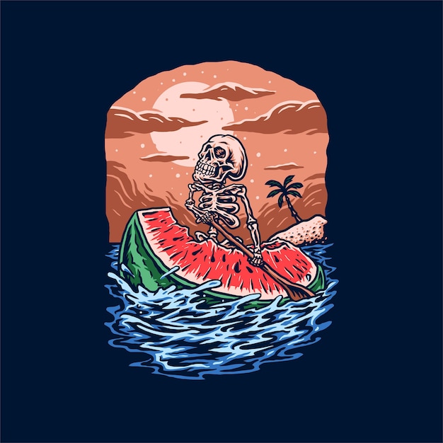 Skeleton ride watermelons, hand drawn line style with digital color