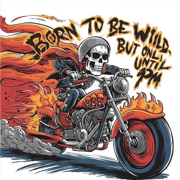 skeleton riding a flaming motorcycle