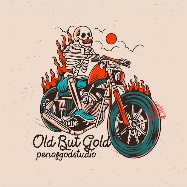 the skeleton riding old motorcycle illustration