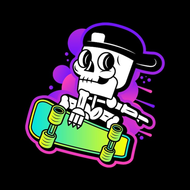 Skeleton Skateboarder Rock Sign White Black vector illustration