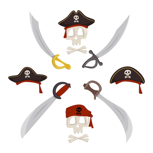 Skeleton skull and crossbones in pirate cocked hat crossed sabers knight and warrior