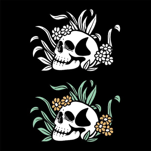 skeleton skull hand drawing with plants illustration