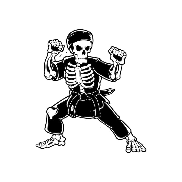 Skeleton skull karate fighter on fight mode vector silhouette black and white color design