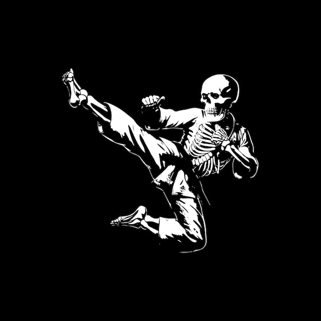 Skeleton skull karate fighter on fight mode vector silhouette black and white color design