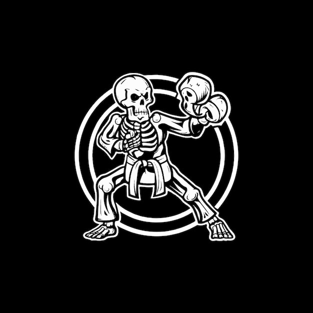 Skeleton skull karate fighter on fight mode vector silhouette black and white color design