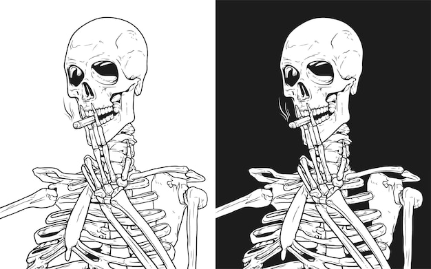 Skeleton smoking cigarette line art vector illustration