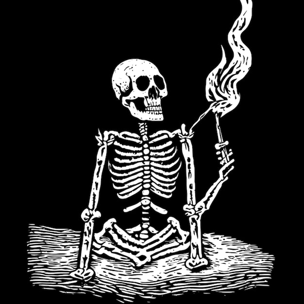 skeleton starting a fire vector illustration engraving