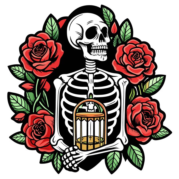 Vector a skeleton with a bottle of water and roses on it