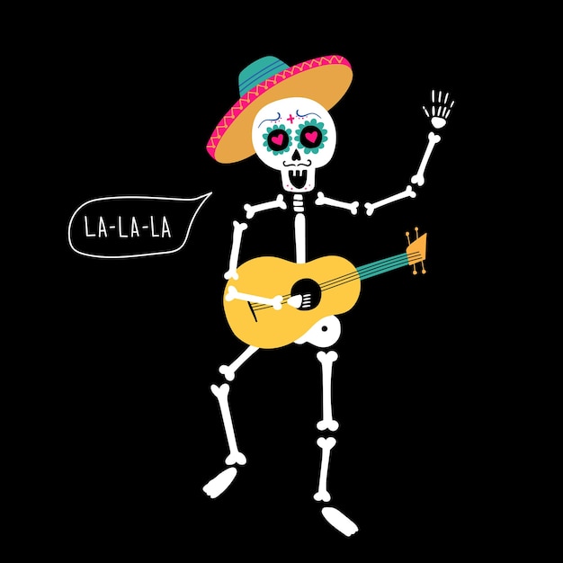 Skeleton with guitar and speech bubble Lalala illustration of a holiday for the Day of the dead