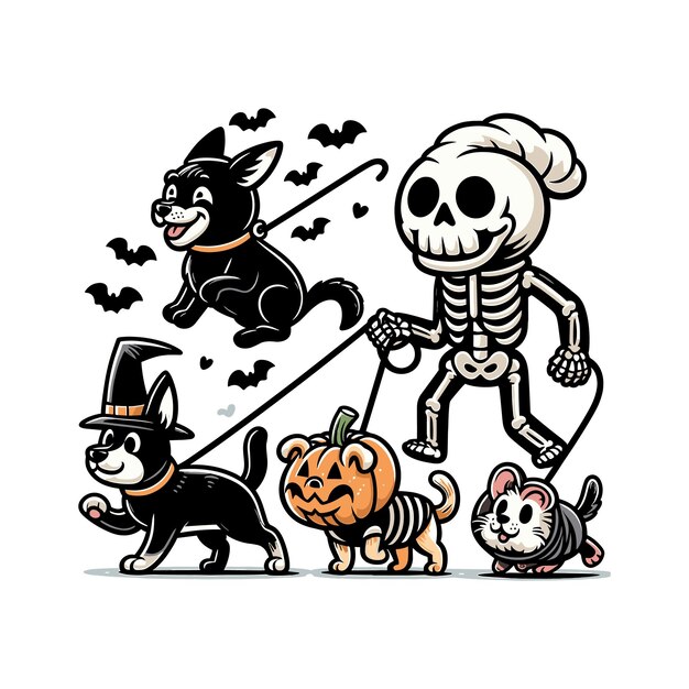 Vector a skeleton with a hat and a cat cartoon halloween a skeleton walking a variety of costumed pets on