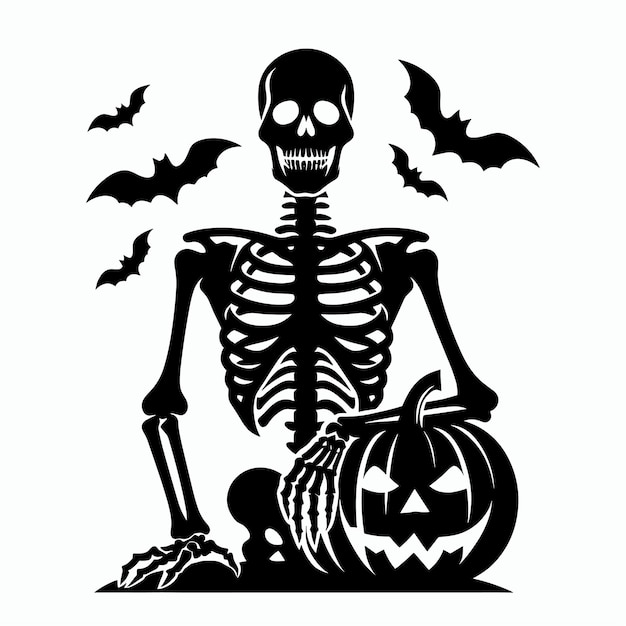 Skeleton with JackoLantern and Bats in a Sinister Halloween Graveyard Scene