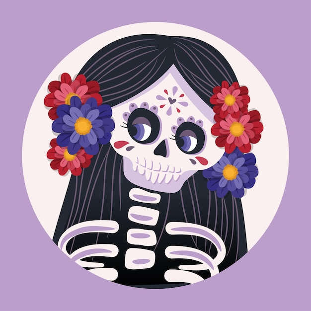 Skeleton with Long Hair and Flowers