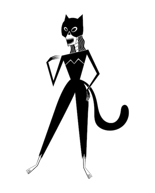 Vector skeleton woman character in lady cat costume in retro style of 60's70's halloween skeleton charact