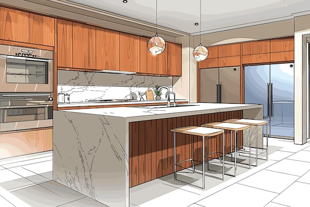 Vector sketch 3d visualization of the kitchen