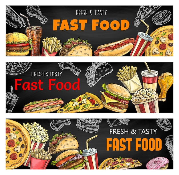 Vector sketch banners fast food burgers and sandwiches