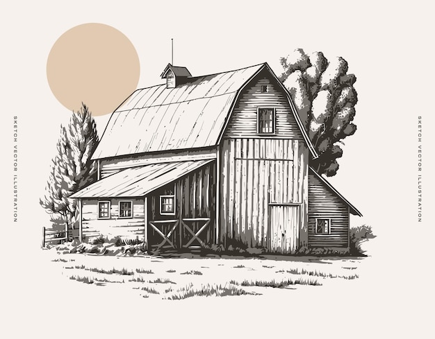 Vector sketch of barn with tree in background