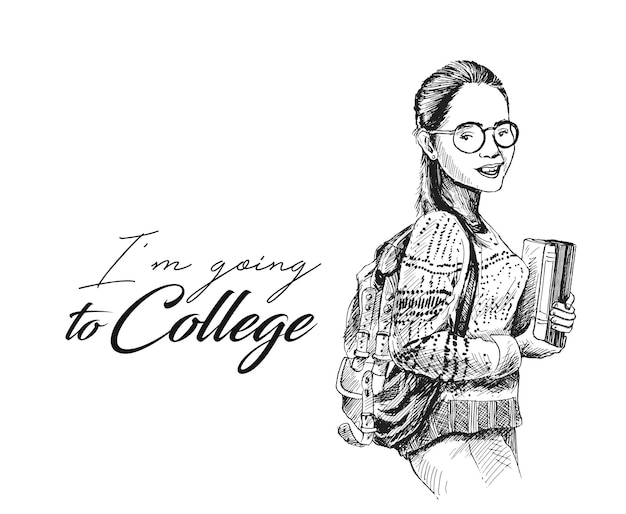 Sketch of Beautiful College Student Holding book on Isolated white Background